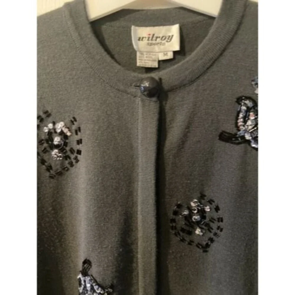 WILROY SPORT Cardigan Sweater Womens Sz M Gray Sequin Wool Glam Vintage *Flaw